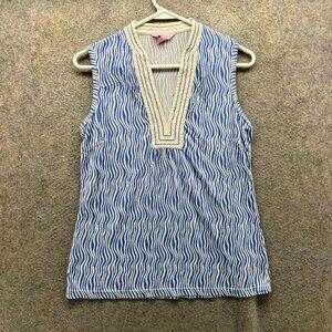 Lilly Pulitzer Tank Women Medium Blue White Stripe Embroidered Shirt Top Zebra